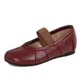 Retro dark red sheepskin Mary Jane flats with split toe and brown elastic strap - EU 35 / Burgundy
