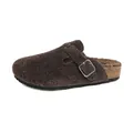 Deep brown warm faux-fur clogs with thick cork soles and metal buckle accents - EU 35 / Dark Brown