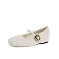Elegant cream faux fur Mary Jane flat shoes with slim strap and gold square metal buckle - EU 35 / Cream