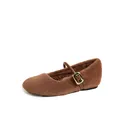 Brown faux fur Mary Jane flat shoes with adjustable leather strap and gold buckle - EU 35 / Dark Brown