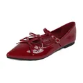 Elegant pointed-toe wine red patent leather Mary Jane flats with double bow detail - EU 35 / Red