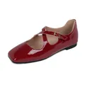 Square toe dark red patent leather Mary Jane flats with cross straps and gold buckle - EU 35 / Red