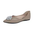 Beige pointed-toe flats for women featuring a large sparkling rhinestone flower ornament - EU 35 / Brown