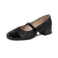 Elegant black sequin Mary Jane shoes with patent leather trim and pearl buckle - EU 35 / Black