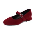 Classic dark red Mary Jane shoes with plush faux fur finish and silver metal buckle - EU 35 / Red