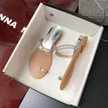 Flat thong sandals for women with sparkling rhinestone straps and silver mirror insole - EU 35 / Nude