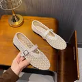 Beige mesh Mary Jane flats with diamond knit pattern and silver buckle closure - EU 35 / White