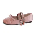 Pink velvet Mary Jane flat shoes with double straps and bow decoration for women - EU 35 / Pink