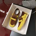 Contrast color ballet flats with double velcro straps in brown and bright yellow - EU 35 / Tan