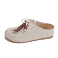 Women's light grey leather platform mules with decorative beads and white stitching - EU 35 / Khaki