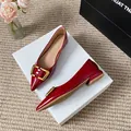 Elegant red patent leather pointed toe flats with gold buckle and low block heel design - EU 35 / Red