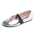Silver metallic round-toe Mary Jane flat shoes with adjustable black leather buckle strap - EU 35 / Silver