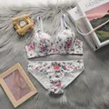 Completo intimo floreale con reggiseno a 3/4 e slip su sfondo di velluto morbido - S / A2173 Floreale Bianco Base Grigia