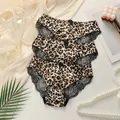 3er-Pack Damen-Slips mit Leopardenmuster, schwarzer Spitze und kleiner Schleife - S / Leopardenmuster
