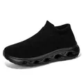 Men's black slip-on knit sneakers with wave-patterned hollow cushioning soles - 36 / Hollow Fly-Knit Sports Sneakers (A02) / All Black