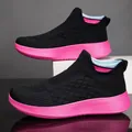 Women's black breathable knit walking shoes with thick pink sole and slip-on design - 36 / Black/Rose Red