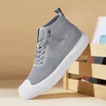 Grey high-top knitted sock sneakers with white thick rubber sole and breathable fly-knit fabric - EU 35 / Gray