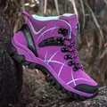 Purple high-top hiking boots with non-slip rubber soles on rocky outdoor terrain - 35 / Plain Style / Purple