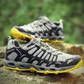 Dark grey and black mesh hiking shoe featuring breathable fabric and yellow rubber sole - EU 39 / Dark Gray