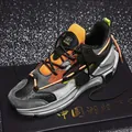 Men's fashion chunky sneakers in grey and black leather with neon orange accents - EU 39 / Grey Orange