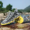 Grey and yellow breathable mesh hiking water shoes on river rocks for outdoor sport - Dark Gray