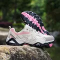 Beige and pink women outdoor hiking shoes with grippy rubber soles on natural rock - EU 36 / Beige