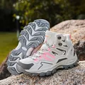 Off-white hiking boots with pink laces on rock, durable outdoor footwear for women - 36 / Pink
