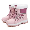 Pink high-top winter snow boots with purple quilted fabric and white faux fur collar - EU 38 / Pink