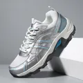 Fashionable silver trekking shoes for hiking with blue accents and sport sole - White Blue