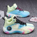Colorful high-top basketball sneakers in mint green and sky blue with splash-ink sole - 36 / Beige