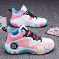 High-top casual sneakers in pink, blue, and white with a marbled colorful outsole - 36 / Pink White