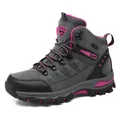 Women's dark grey high-top hiking boots with rose red accents and durable rubber soles - 35 / High-Top Hiking Shoes (S8019) / Grey Rose Red
