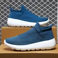 Dark blue knit slip-on sneakers for men with thick white soles and breathable texture - EU 36 / White Blue