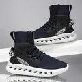 Dark blue high-top sock sneakers with white hollow platform sole for men - EU 40 / Blue