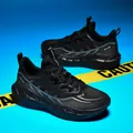 Men's breathable black mesh running sneakers with thick EVA sole and wave patterns - Dark Black