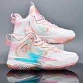Men's high-top basketball shoes in white with pink accents and breathable mesh design - 35 / White Pink