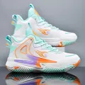 White high-top basketball shoe with vibrant green and orange accents in side view - 35 / White Moon