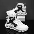 White high-top running shoes with black geometric accents and wavy hollow soles - EU 40 / White