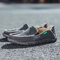 Men's slip-on loafers in dark grey canvas with frayed edges and fashion green label - EU 39 / Gray