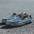 Men's navy blue canvas loafers with vintage frayed edges and non-slip rubber soles - EU 39 / Blue