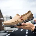Men's khaki canvas slip-on loafers with white stitching and thick rubber outsoles - EU 39 / Khaki