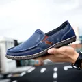 Men's navy blue slip-on canvas shoes with contrast stitching and woven textured sole - EU 39 / Blue