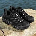 All-black breathable outdoor hiking shoes with durable rubber soles on rugged rocks - EU 36 / Black