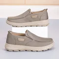 Men's khaki canvas slip-on loafers with thick white soles and elastic side bands - EU 38 / Khaki