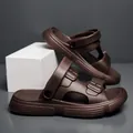 Men's dark brown casual slide sandals with double straps and embossed sole text - 40-41 / Brown