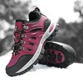 Burgundy high-top hiking boots with warm fleece lining on a snowy outdoor background - 36 / Rose Red