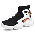 High-top sock sneaker in black knit with white support cage and orange heel strap - 39 / Black and White
