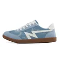 Retro low-top sneakers in light blue denim and suede with white stripes and gum soles - Blue