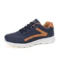 Men's lightweight casual sneakers in navy blue faux leather with brown V-shaped accents - EU 39 / Dark Blue