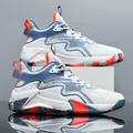 White and blue high-top knit basketball sneakers with orange accents and rubber sole - 39 / White Blue
